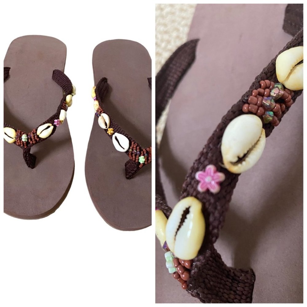 Brown Flip-Flops Embellished with Sea Shells, Flower and Round Beads Sz 8